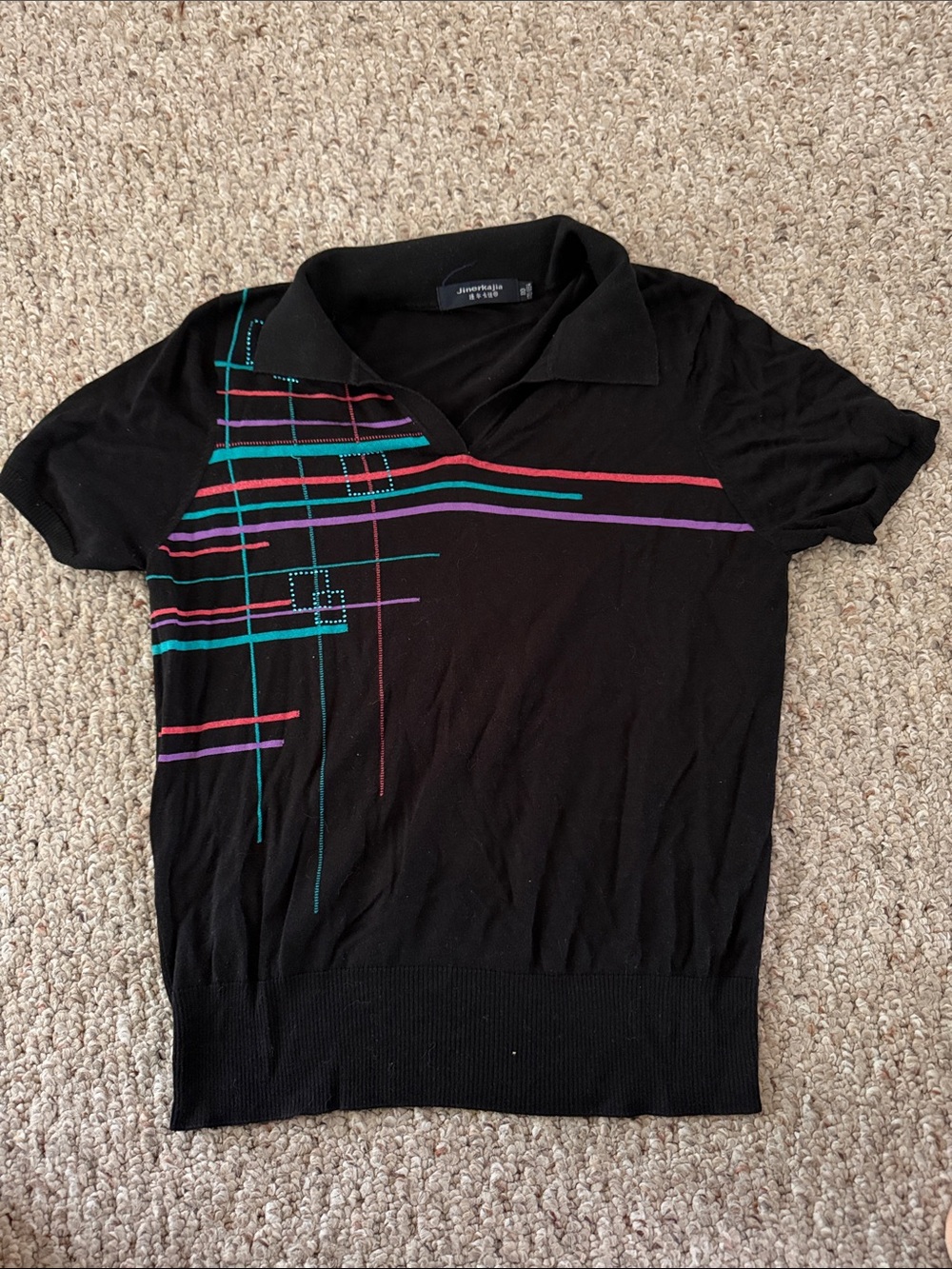 Black Polo Top with Multicolor Linear Detail